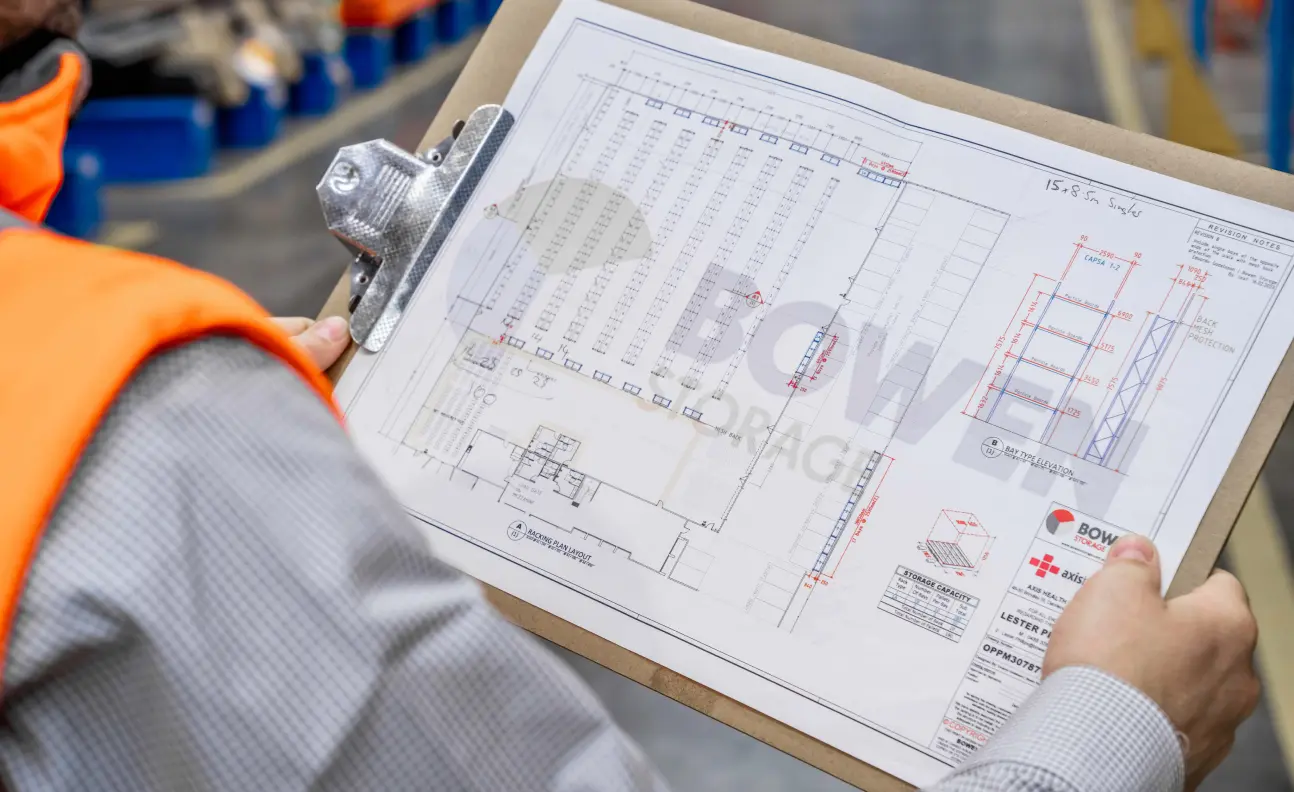 Worker reviewing warehouse storage layout design plans on clipboard for system selection and planning